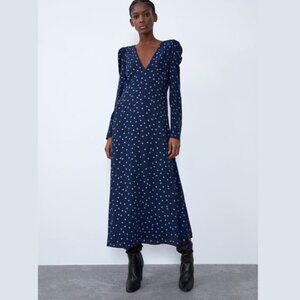 Zara Blue Polka Dots Midi Dress long sleeve sz S